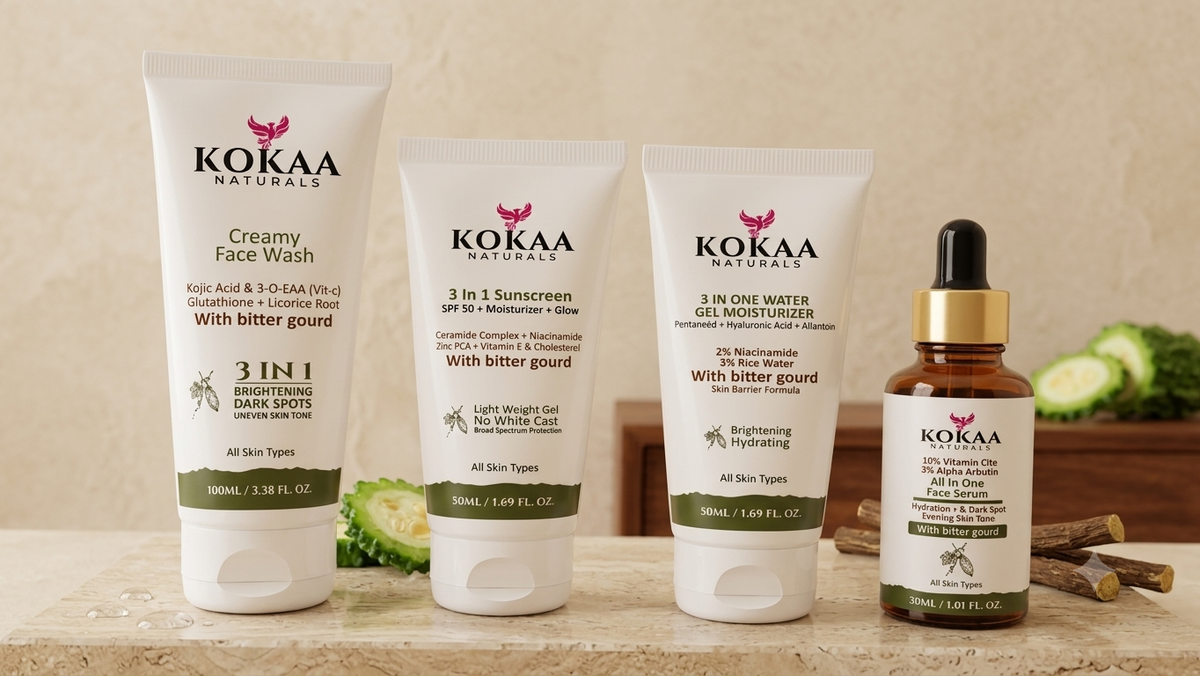 Complete Skincare Routine Kit | KOKAA 3-in-1 Water Gel Moisturizer (50ml) | KOKAA Radiance Glow Creamy Face Wash (100ml) |  KOKAA 10% Niacinamide + 1% Alpha Arbutin All-in-One Face Serum (30ml) | KOKAA 3-in-1 SPF 50 Sunscreen Gel (50ml)