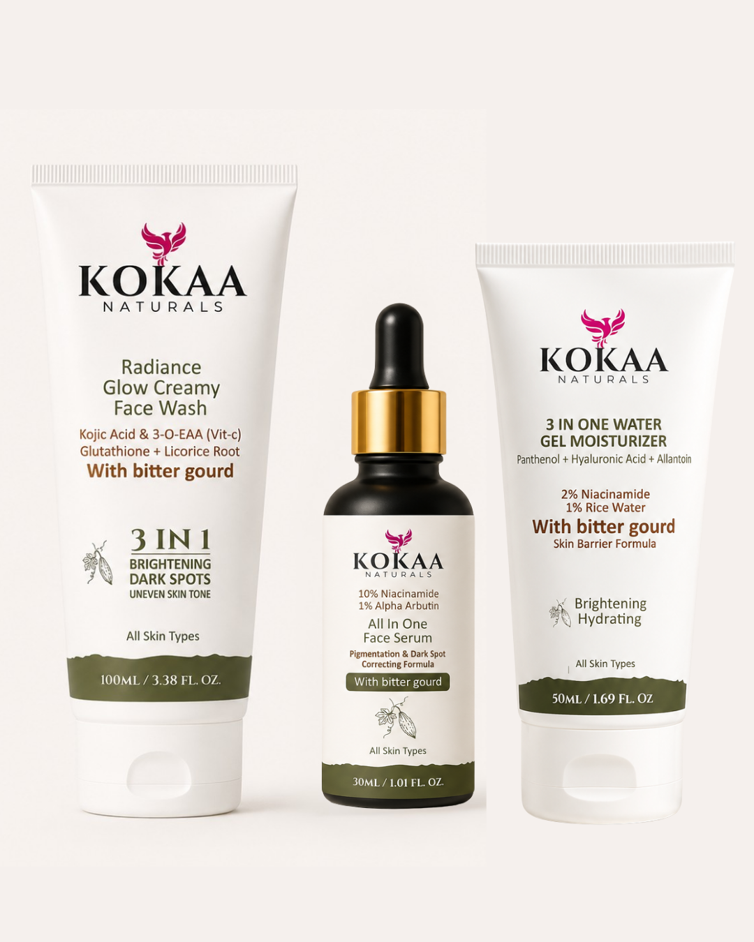Glow Recovery Trio |  KOKAA Creamy Face Wash (100ml) | KOKAA 3-in-1 Water Gel Moisturizer (50ml) | KOKAA 10% Niacinamide + 1% Alpha Arbutin All-in-One Face Serum (30ml)
