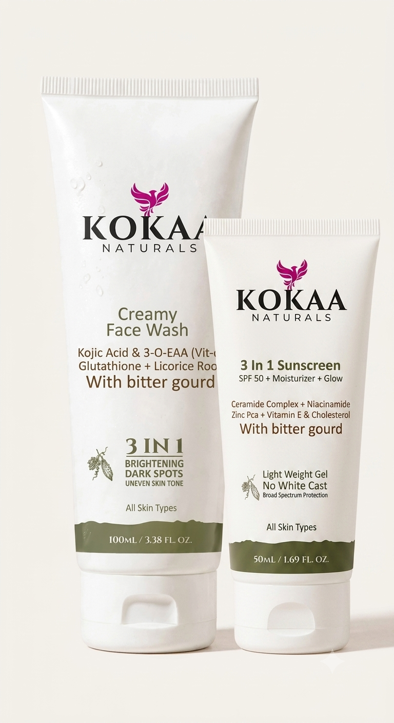 Cleanse & Protect Duo | KOKAA 3-in-1 SPF 50 Sunscreen Gel (50ml) | KOKAA Radiance Glow Creamy Face Wash (100ml)