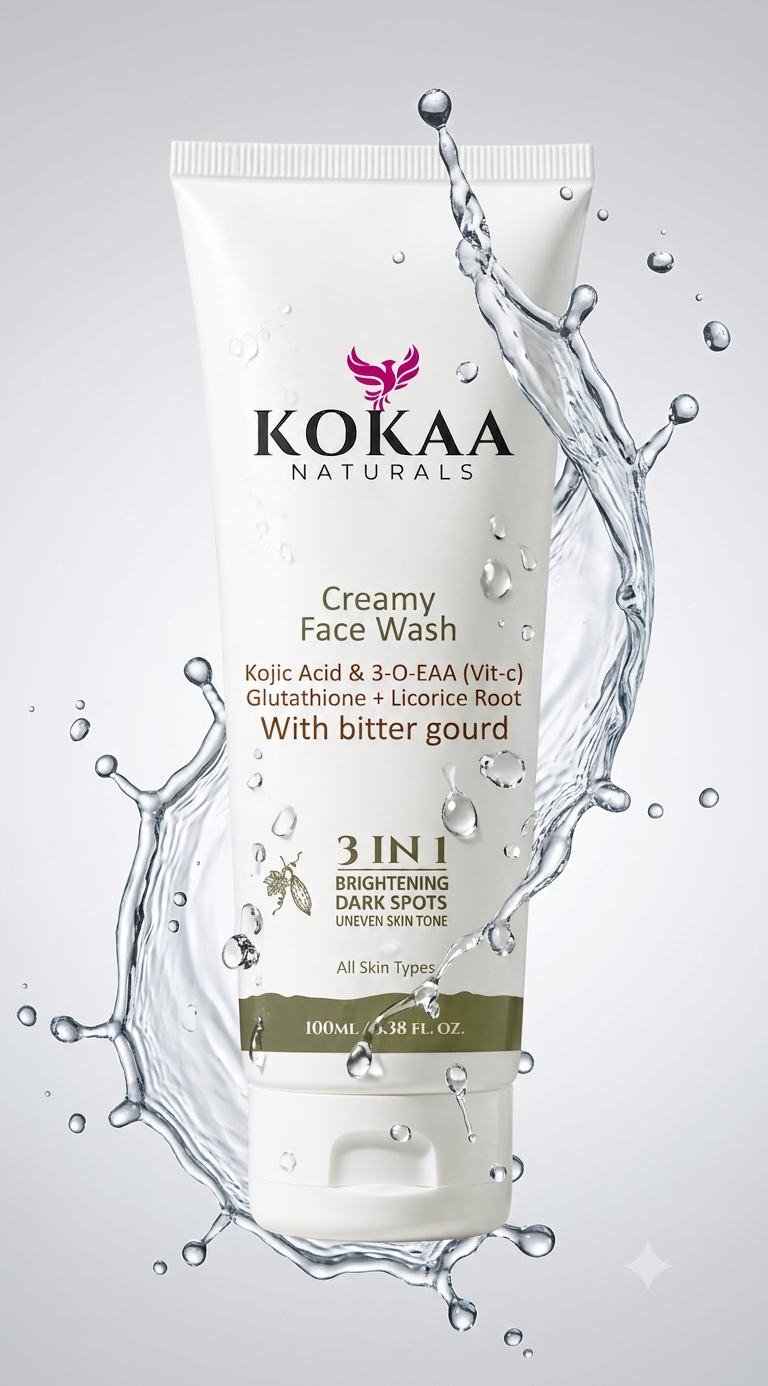 Kokaa Naturals Creamy Face Wash | Kojic Acid, Vitamin C, Glutathione & Licorice Root with Bitter Gourd | Brightening & Dark Spot Cleanser | 100ml