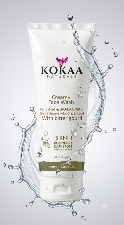 Kokaa Naturals Creamy Face Wash | Kojic Acid, Vitamin C, Glutathione & Licorice Root with Bitter Gourd | Brightening & Dark Spot Cleanser | 100ml