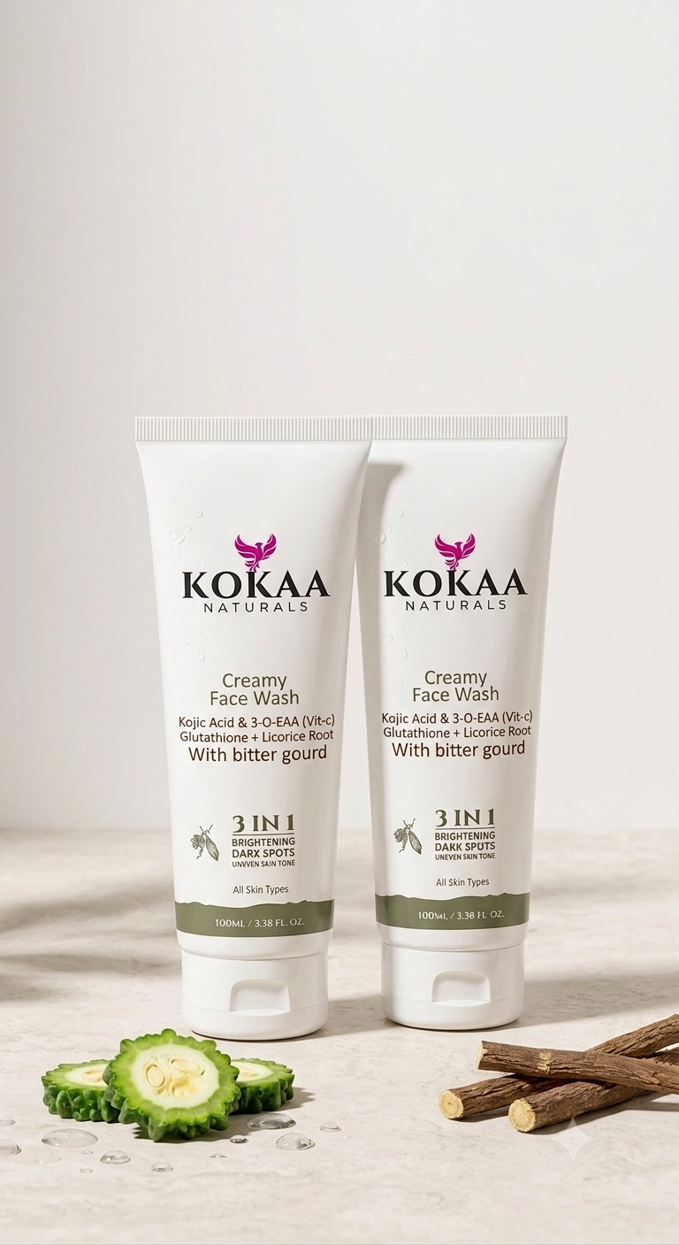 Kokaa Naturals  Creamy Face Wash with Bitter Gourd | Kojic Acid, Vitamin C, Glutathione & Licorice Root | Brightening & Dark Spot Cleanser | 100ml Pack of 2