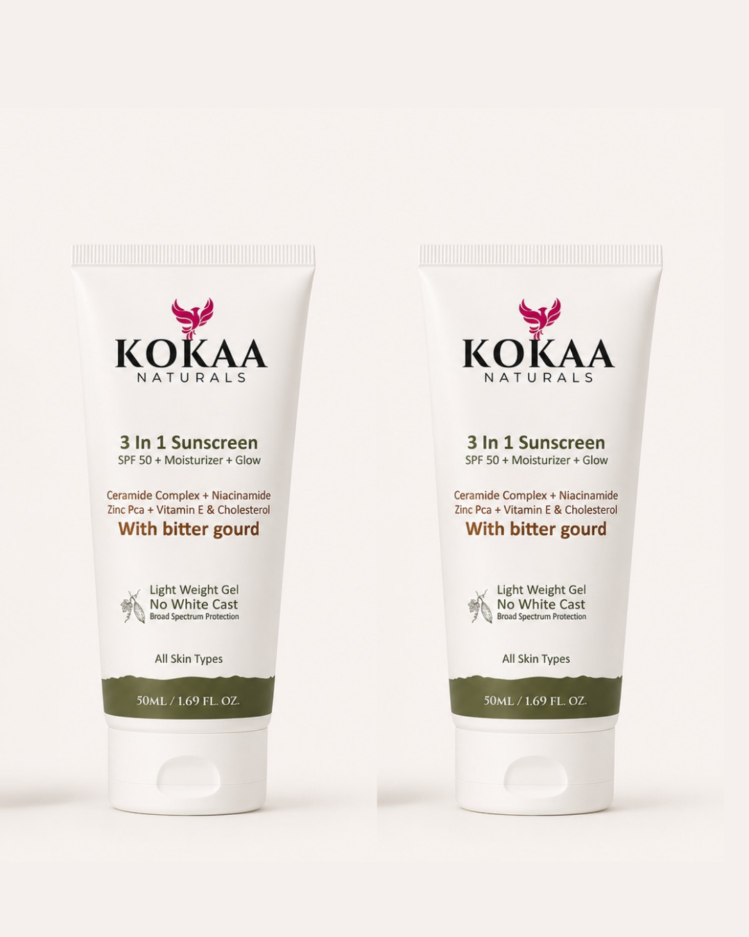 Kokaa Naturals  Sunscreen Gel with Bitter Gourd | 3-in-1 | SPF 50 Moisturizing | Glow | with Ceramides, Niacinamide, Zinc PCA | No White Cast | Lightweight Daily Sun Protection | 50ml Pack of 2