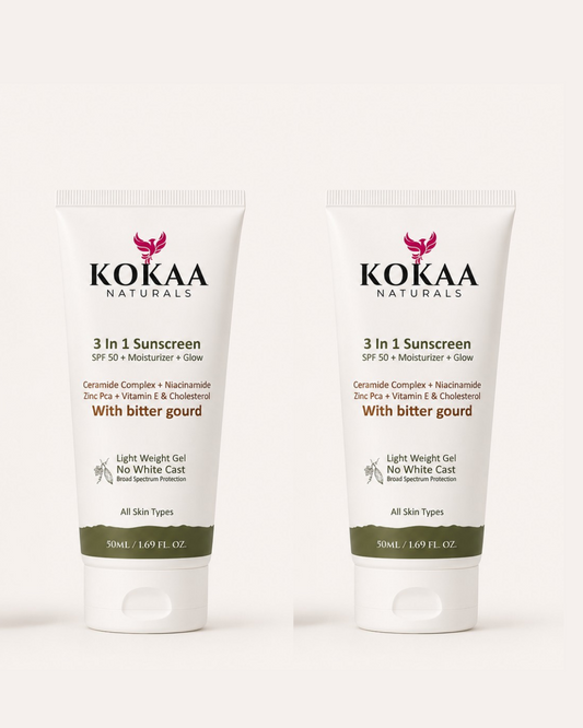Kokaa Naturals  Sunscreen Gel with Bitter Gourd | 3-in-1 | SPF 50 Moisturizing | Glow | with Ceramides, Niacinamide, Zinc PCA | No White Cast | Lightweight Daily Sun Protection | 50ml Pack of 2