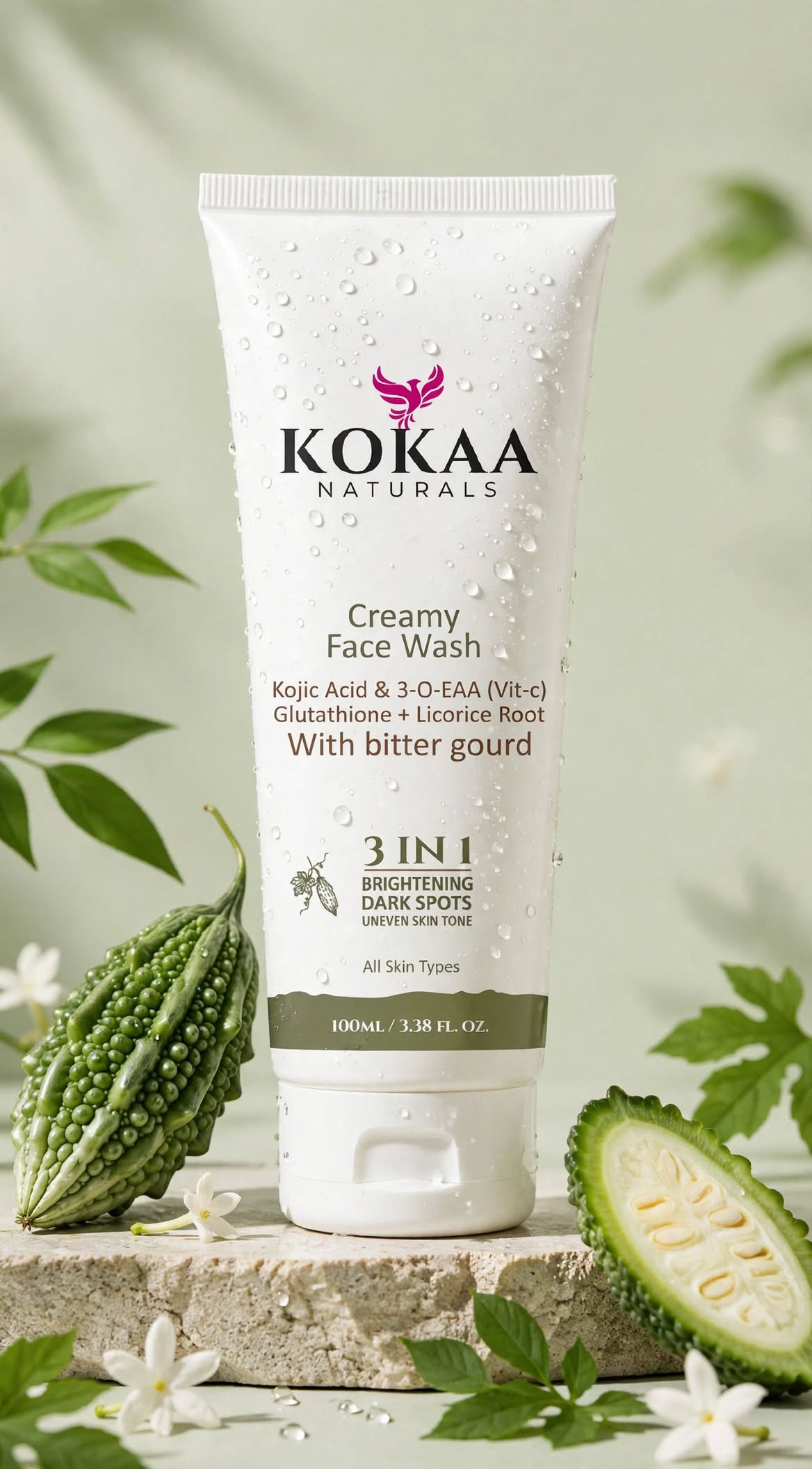 Kokaa Naturals Creamy Face Wash | Kojic Acid, Vitamin C, Glutathione & Licorice Root with Bitter Gourd | Brightening & Dark Spot Cleanser | 100ml