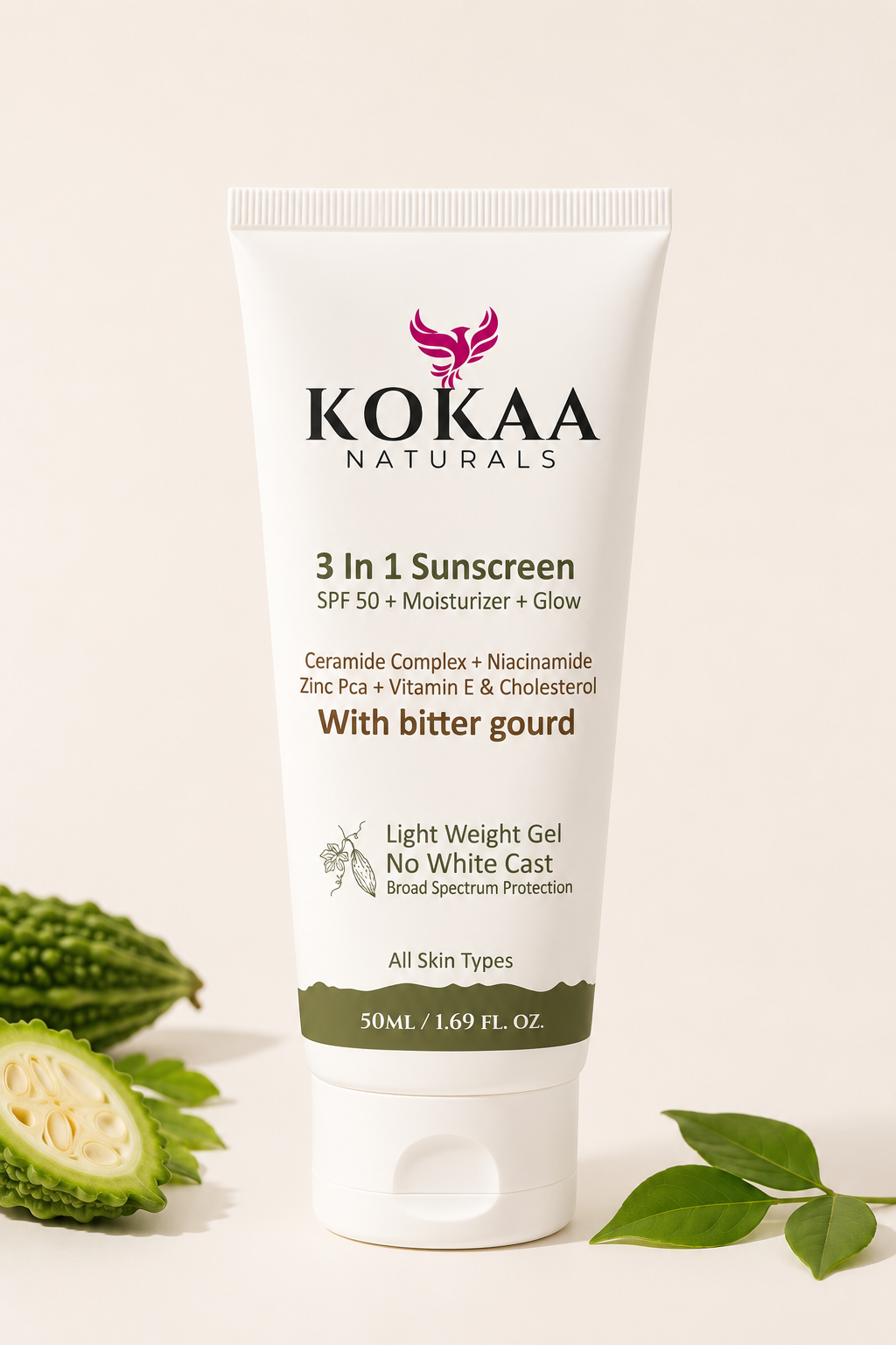 Kokaa Naturals  3-In-1 Sunscreen Gel | Bitter Gourd | SPF 50 | Moisturizing | Glow with Ceramides, Niacinamide, Zinc PCA  | No White Cast | Lightweight Daily Sun Protection | 50ml