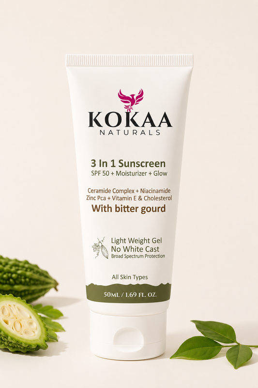 Kokaa Naturals  3-In-1 Sunscreen Gel | Bitter Gourd | SPF 50 | Moisturizing | Glow with Ceramides, Niacinamide, Zinc PCA  | No White Cast | Lightweight Daily Sun Protection | 50ml