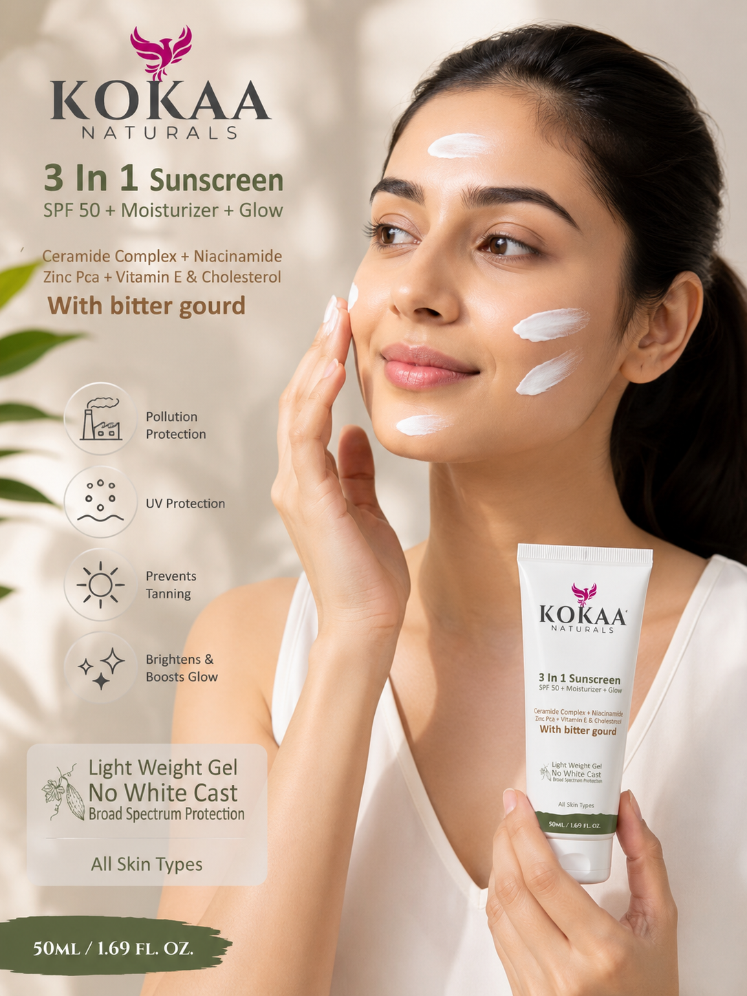 Kokaa Naturals  3-In-1 Sunscreen Gel | Bitter Gourd | SPF 50 | Moisturizing | Glow with Ceramides, Niacinamide, Zinc PCA  | No White Cast | Lightweight Daily Sun Protection | 50ml