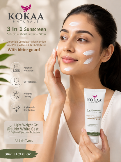 Kokaa Naturals  3-In-1 Sunscreen Gel | Bitter Gourd | SPF 50 | Moisturizing | Glow with Ceramides, Niacinamide, Zinc PCA  | No White Cast | Lightweight Daily Sun Protection | 50ml