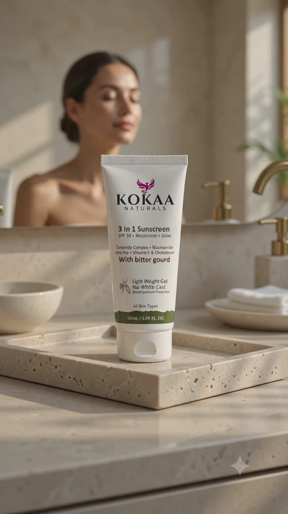 Kokaa Naturals  3-In-1 Sunscreen Gel | Bitter Gourd | SPF 50 | Moisturizing | Glow with Ceramides, Niacinamide, Zinc PCA  | No White Cast | Lightweight Daily Sun Protection | 50ml